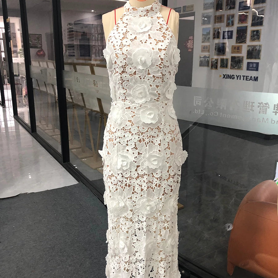 Solid Slimming Hollow Out Dresses for Women Halter Neck Sleeveless Patchwork Appliques Elegant Dress Female Fashion WHITE