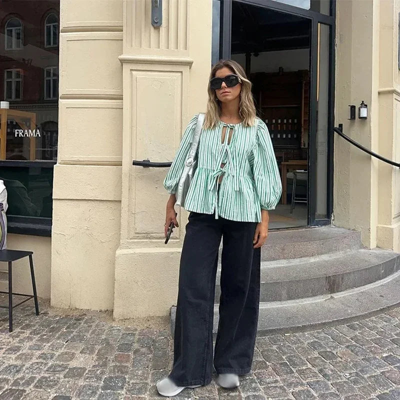Elegant Striped Lace Up Women Shirts Chic Bow Puff Sleeve O-neck Hollow Out Female Blouses Spring Summer Casual Streetwear Green