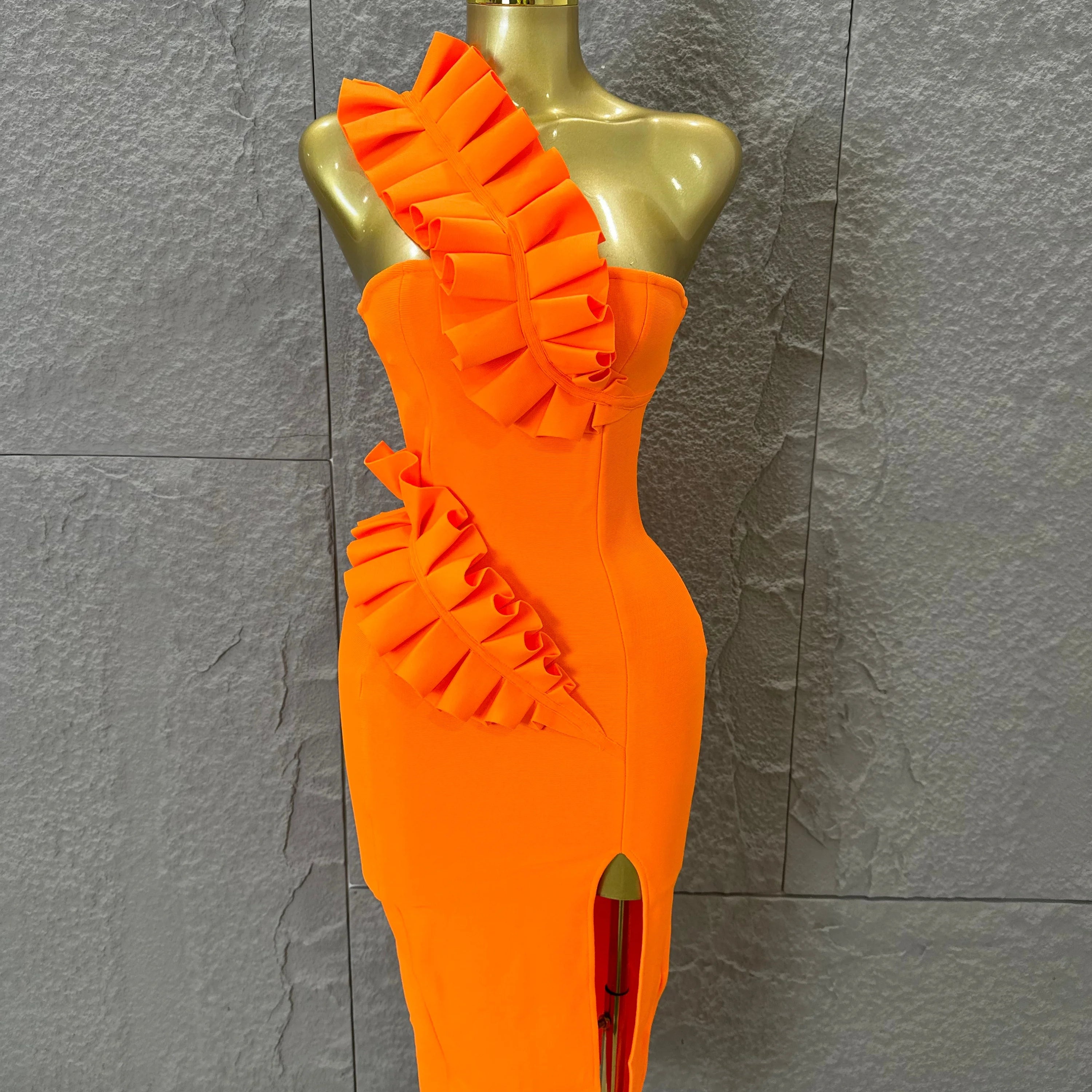 Sexy One-Shoulder Bodycon Midi Dress Women Sexy Ruffle Embellished Waist Cutout High Slit Outfit Evening Gala Party Costume