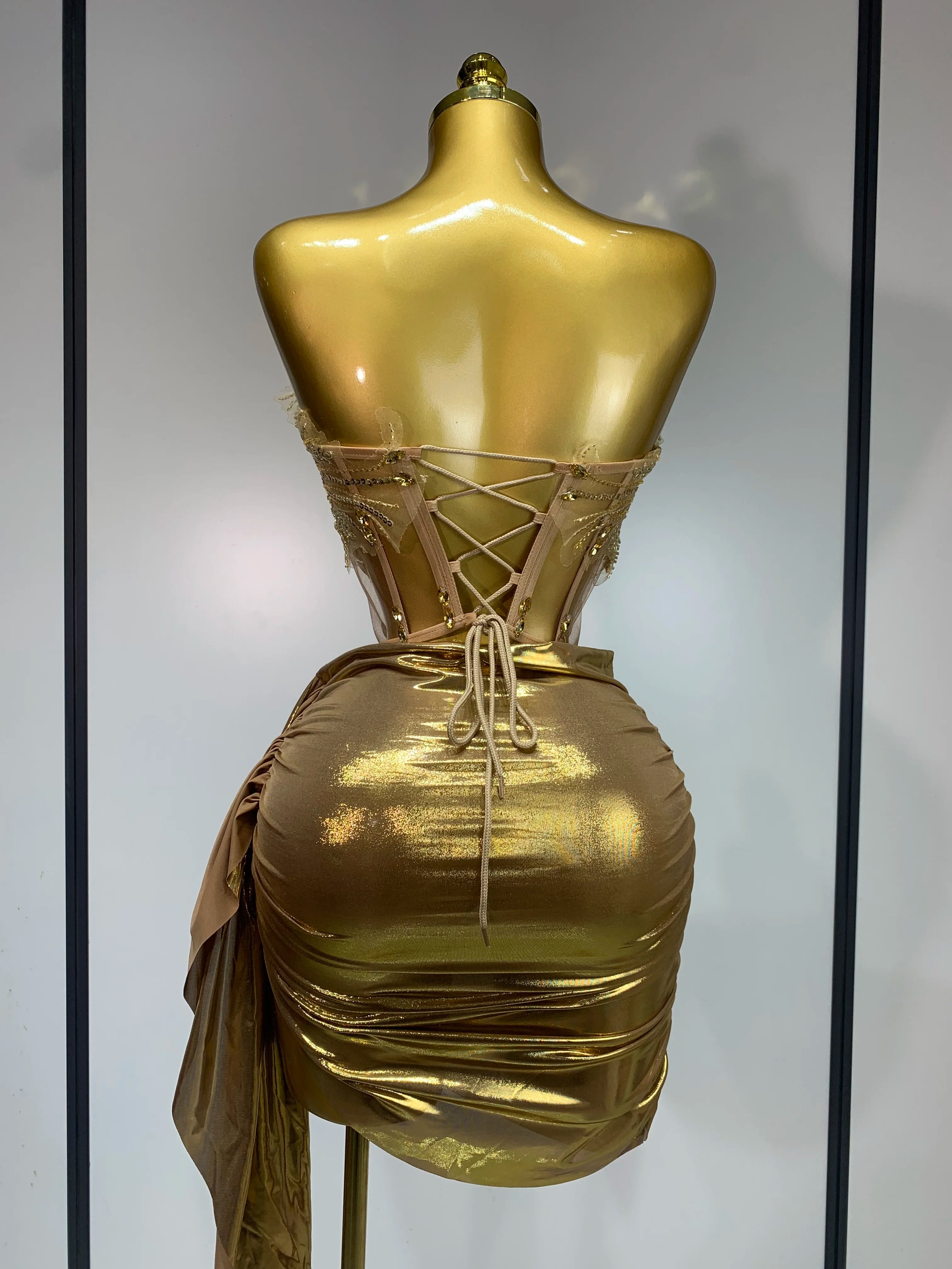 Women Sexy Strapless Sequins Rhinestone Gold Dress Glitter Top Two Pieces Sets Birthday Evening Party Club Singer Stage Outfit