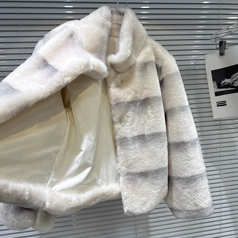 Winter New Elegant Fashion Gradient Striped Furry Warm Faux Fur Coat For Women Loose High Quality Jacket 11A07762
