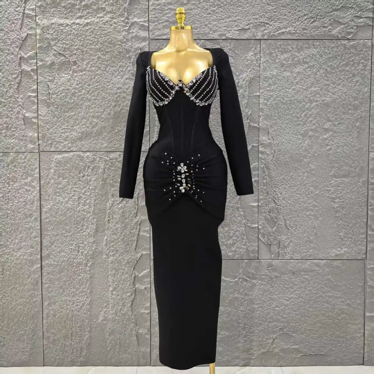 Top Quality Women Long Sleeve Sexy Square Collar Shinning Crystal Bodycon Long Bandage Dress Celebrate Evening Party Outfit black