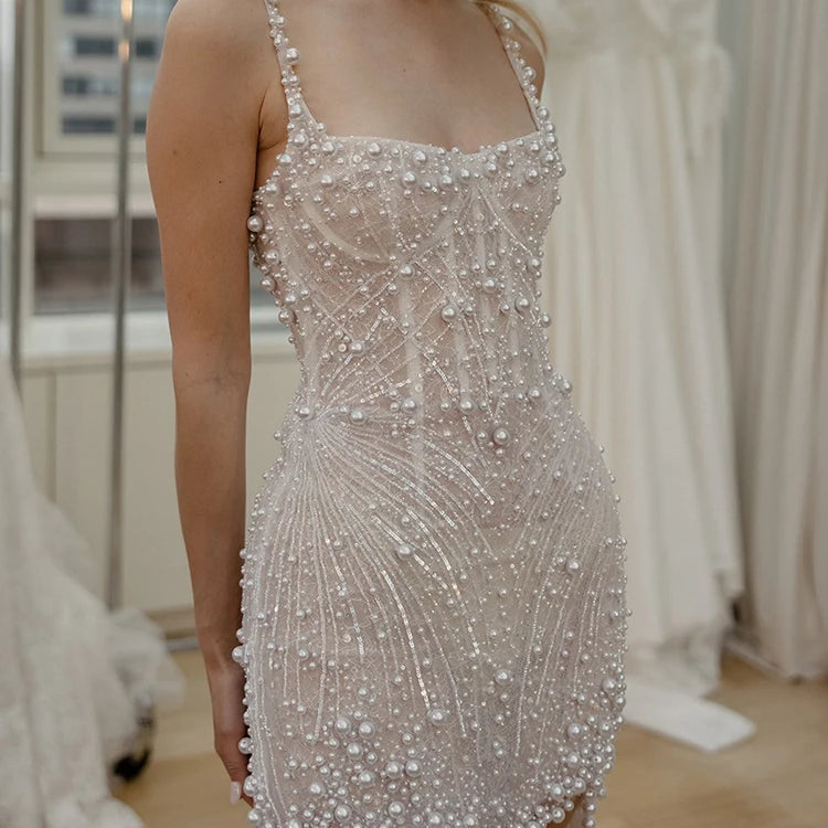 Stunning Beige Sleeveless Pearl Short Wedding Mini Dress Party Evening Gown