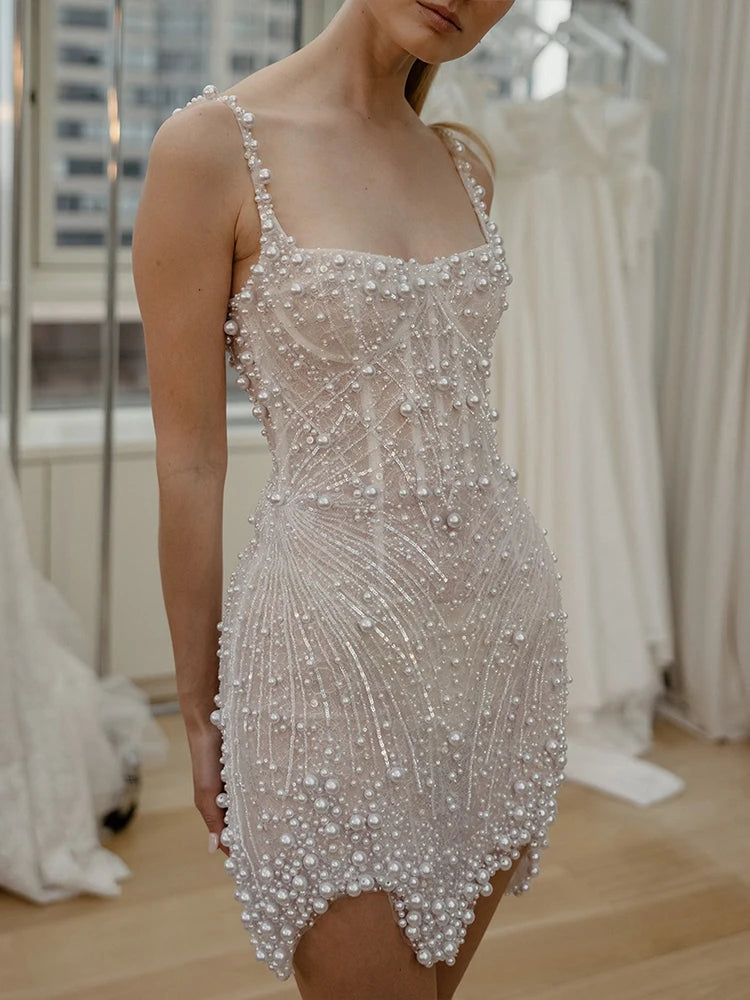 Stunning Beige Sleeveless Pearl Short Wedding Mini Dress Party Evening Gown