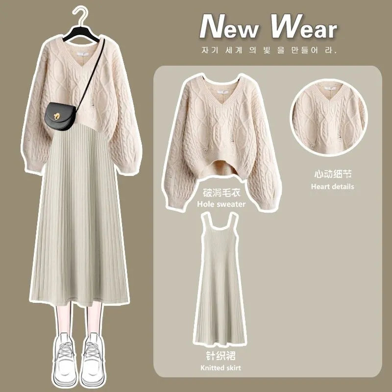 Women's 2024 Autumn Winter New Fashion V-Neck Sweater Knitted Dress Two Piece Korean Elegant Top Skirt Matching Set Female Suit Set 01