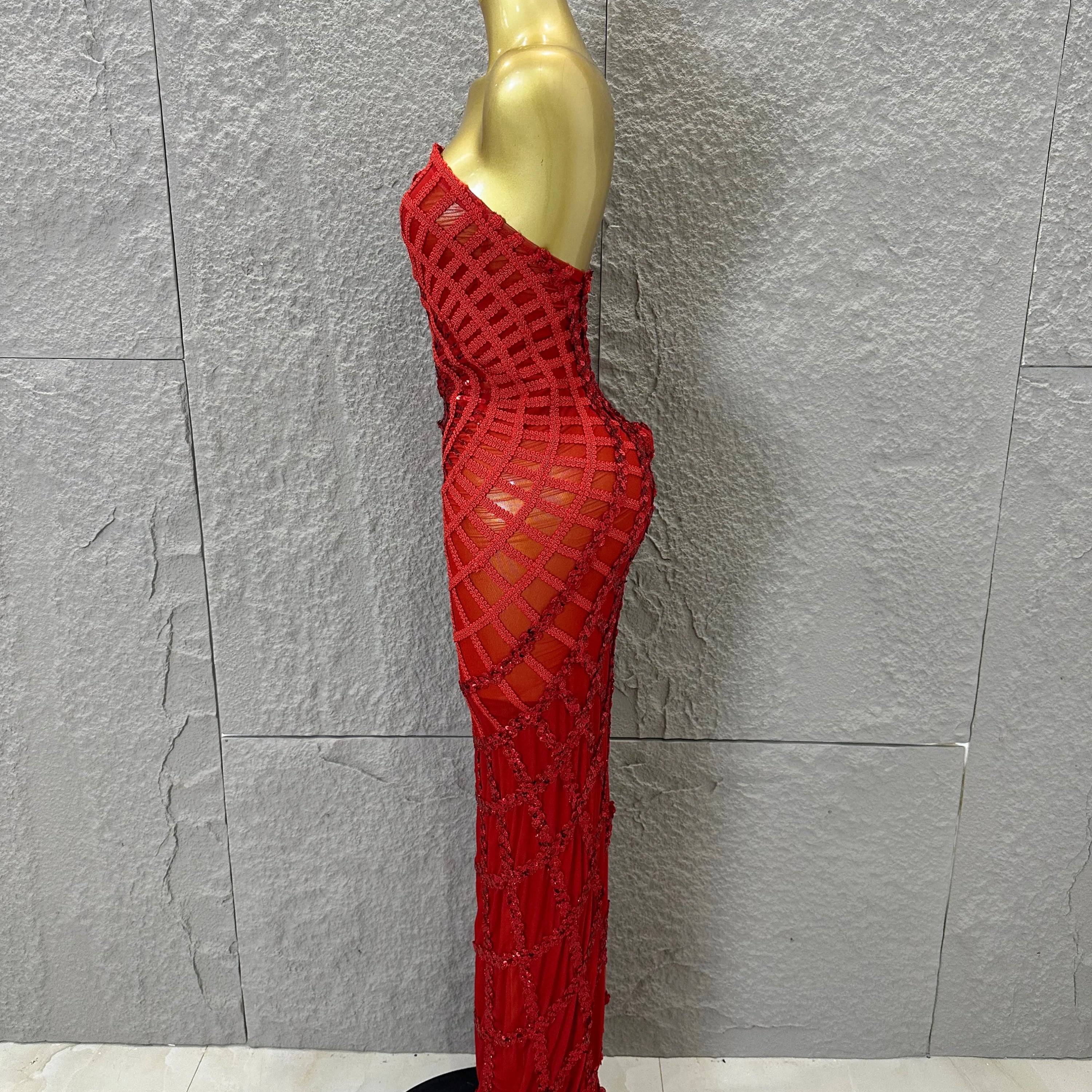 Elegant Sequined Sheer Mesh Maxi Dress Women Sexy Strapless 3D Grid Embellished Bodycon Mermaid Outfit Stage Performance Costume