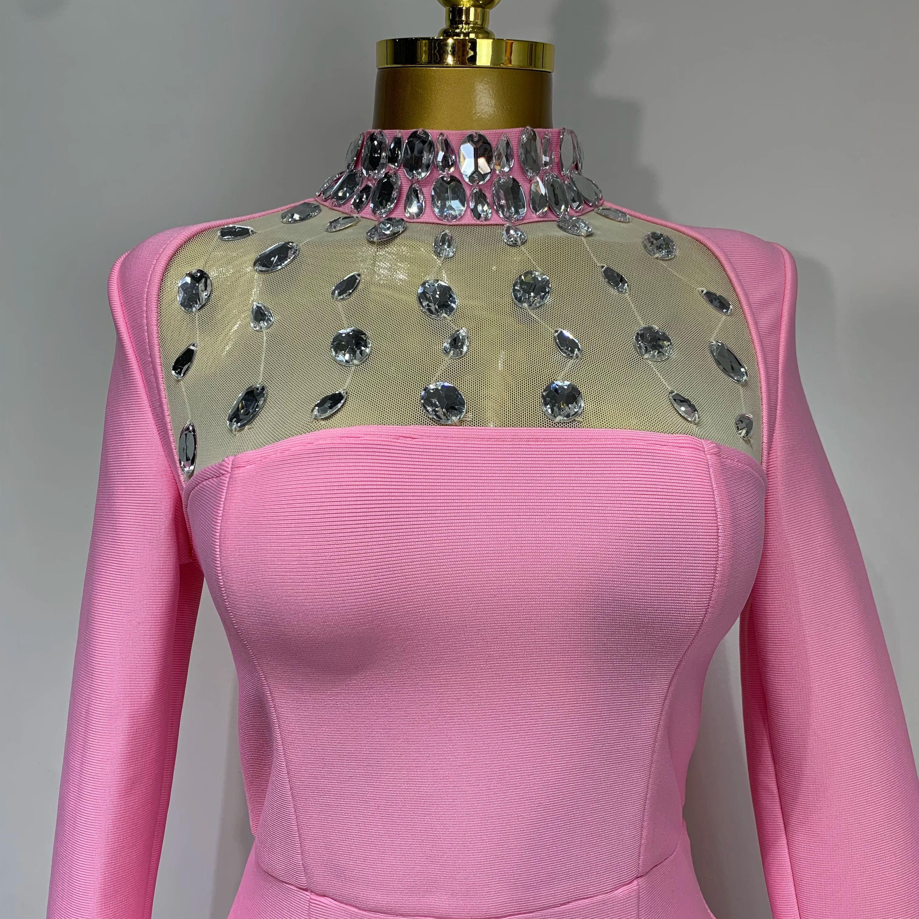 2025 Luxury Birthday Dresses Diamond Long Sleeve Pink Bodycon Bandage Dress Women Wedding Evening Prom Gowns