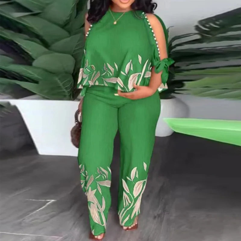 Plus Size 5XL Elegant Women Pant Sets 2024 VONDA Summer Cold Shoulder 2pcs Casual 3/4 Sleeve Tops Vintage Printed Matching Sets green
