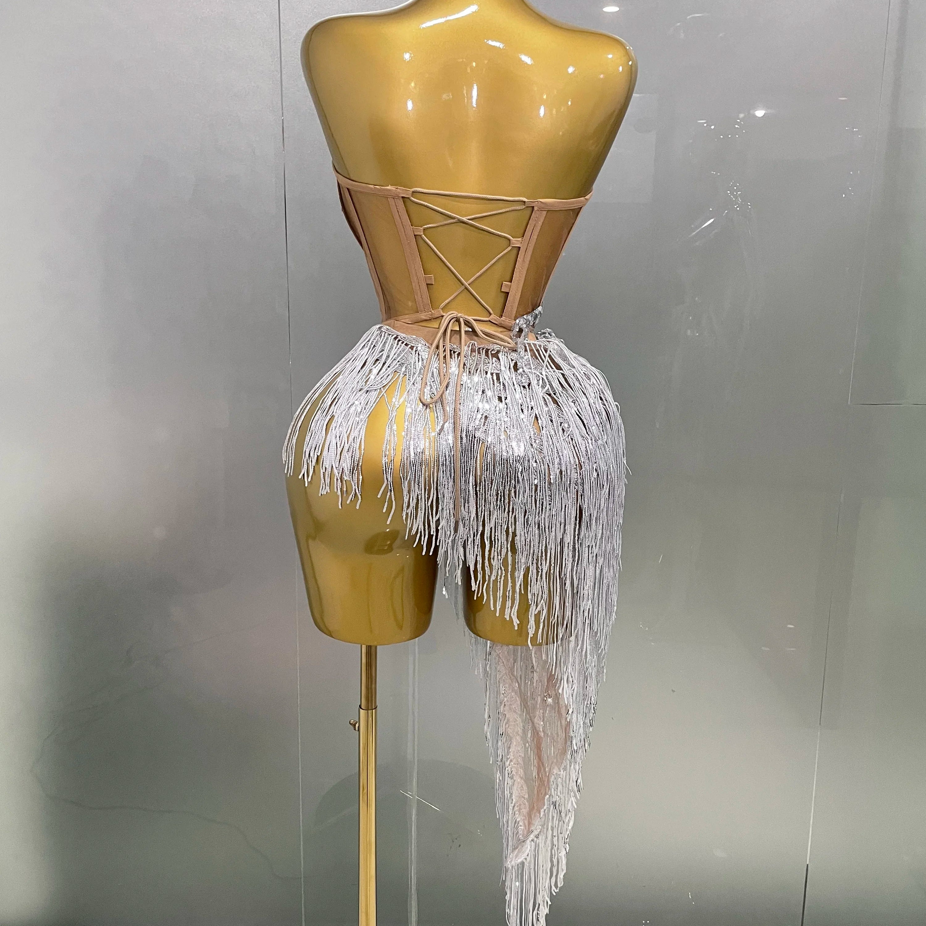 2025 New Sparkly Rhinestone Sequin Tassel Sexy Mini Skirt Two Pieces Set Women Birthday Celebrate Party Nightclub Stage Costume