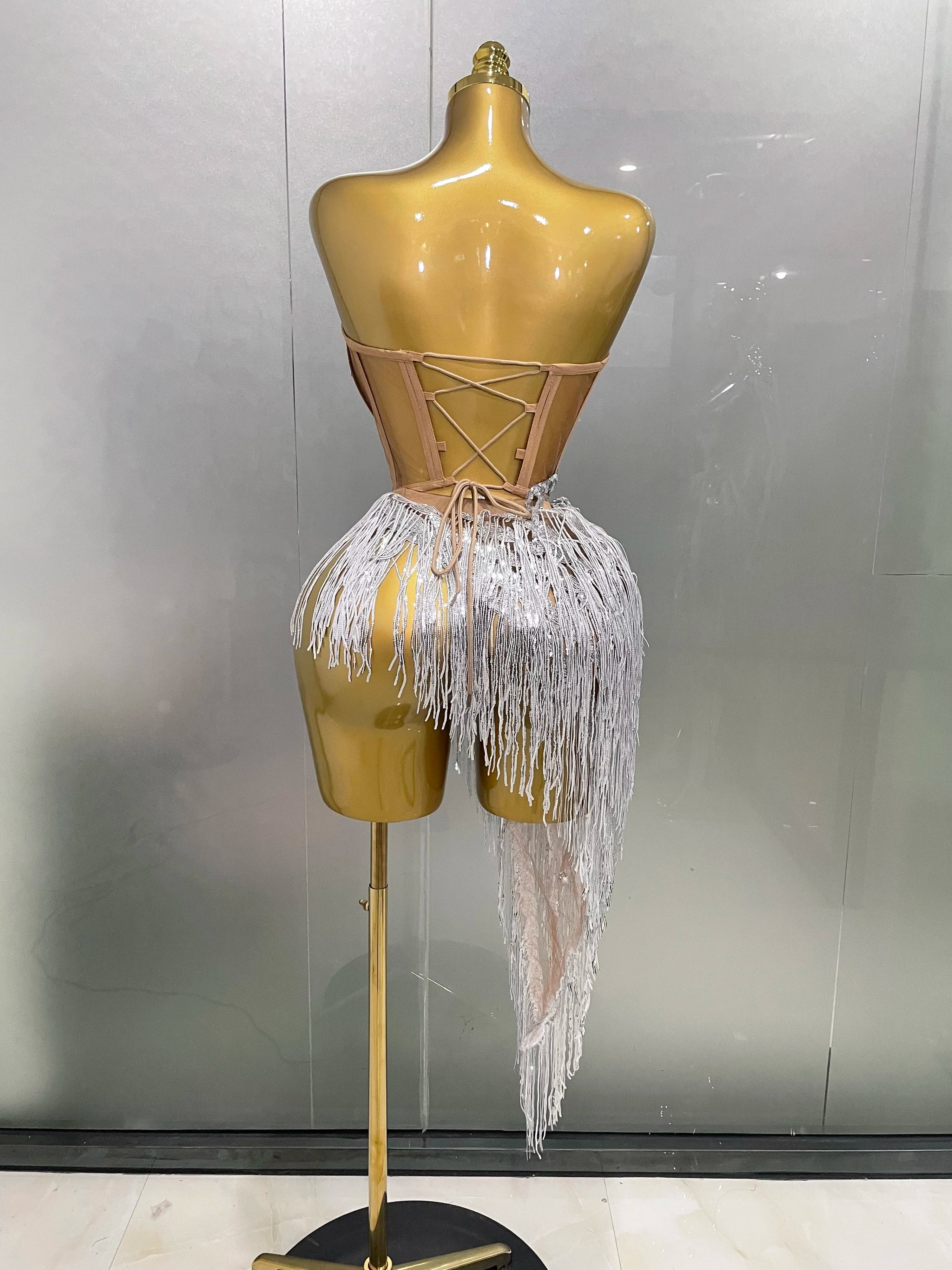 2025 New Sparkly Rhinestone Sequin Tassel Sexy Mini Skirt Two Pieces Set Women Birthday Celebrate Party Nightclub Stage Costume