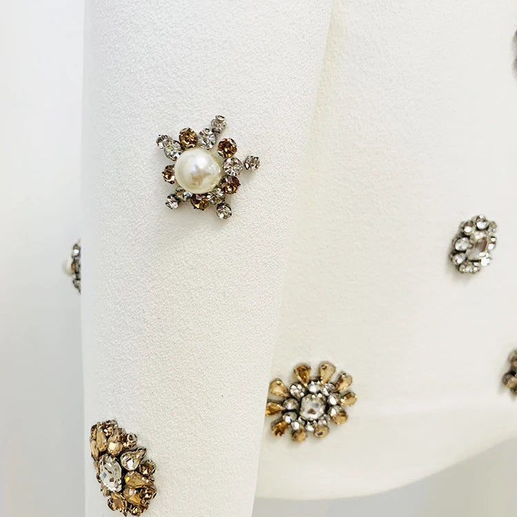 HIGH STREET Newest Fashion 2024 Designer Suit Set Women's Pearls Diamonds Rhinestone Beaded Trimed Jacket Flare Slit Pants Suit