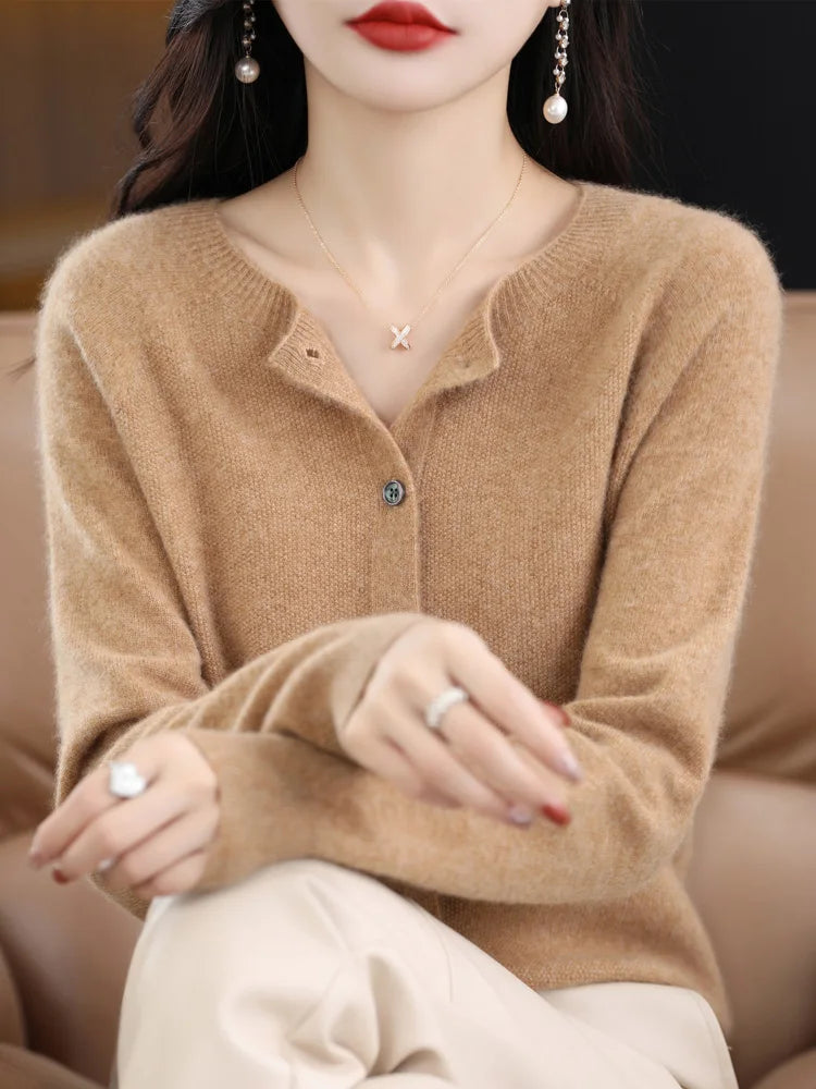 Aliselect Autumn Winter Women 100% Merino Wool Sweater O-Neck Tops Long Sleeve Basic Cashmere Knitwear Cardigan Clothing Coat Gold Camel