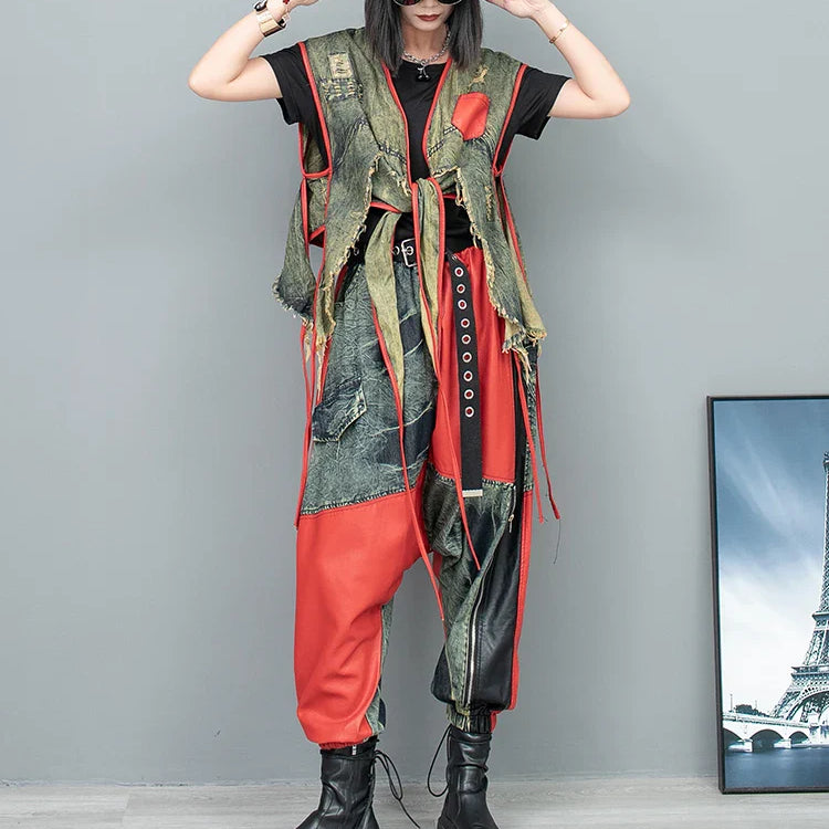 Spring Summer New Cool Distressed Denim Patchwork Irregular Vest + Hanging Crotch Pants Two-piece Set Women LX076 Red