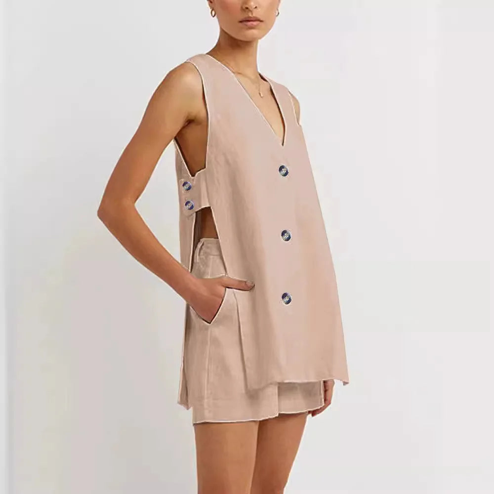 New 100% Cotton Women Suits 2 Pieces Sets V Neck Sleeveless Buttons Vest Blazer+High Waist Shorts Lady Office Tracksuit