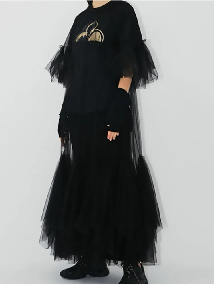 DEAT Summer Women's Dress New Fashion Round Neck Loose Gauze Spliced Ruffles Sleeve Ankle-length Dresses Female JR77101