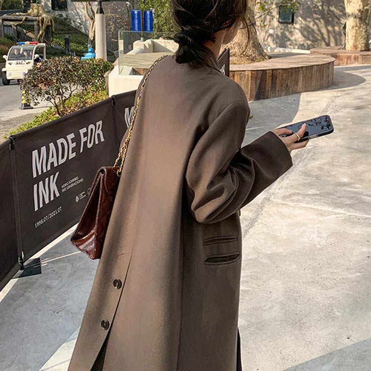 Autumn Long Coffee Flowy Blazer Coat Women with Back High Slit Double Breasted Loose Casual Korean Fashion Overcoat 2024