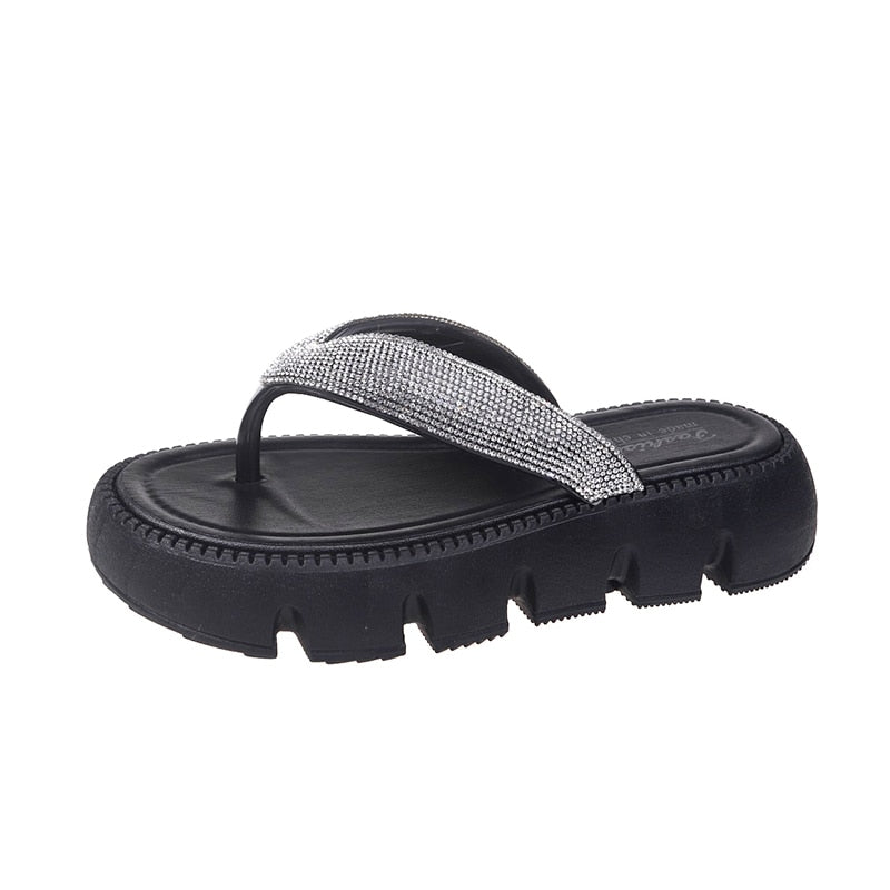 Thick Platform Shiny Crystal Flip Flops Women Summer 2024 Soft Bottom Beach Sandals Shoes Woman Fashion Clip Toe Clogs Slippers Black
