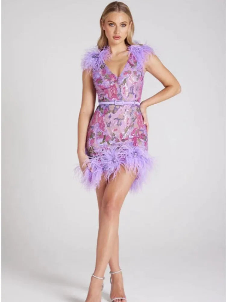 Light Purple Color Women Sleeveless Sexy V-Neck Bodycon Mini Dress Sequins Feathers Celebrate Birthday Party Cocktail Dress