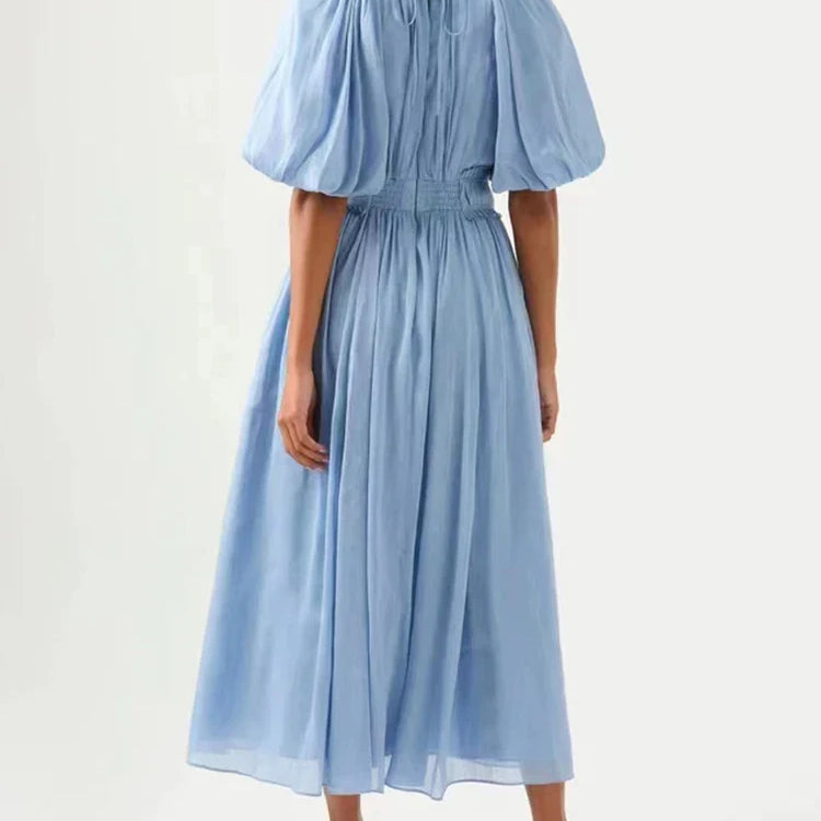 VGH Tie Dye Slim Dress Female Stand Collar Puff Half Sleeve High Waist Spliced Ruffles A Line Long Dresses Female Summer Clothes