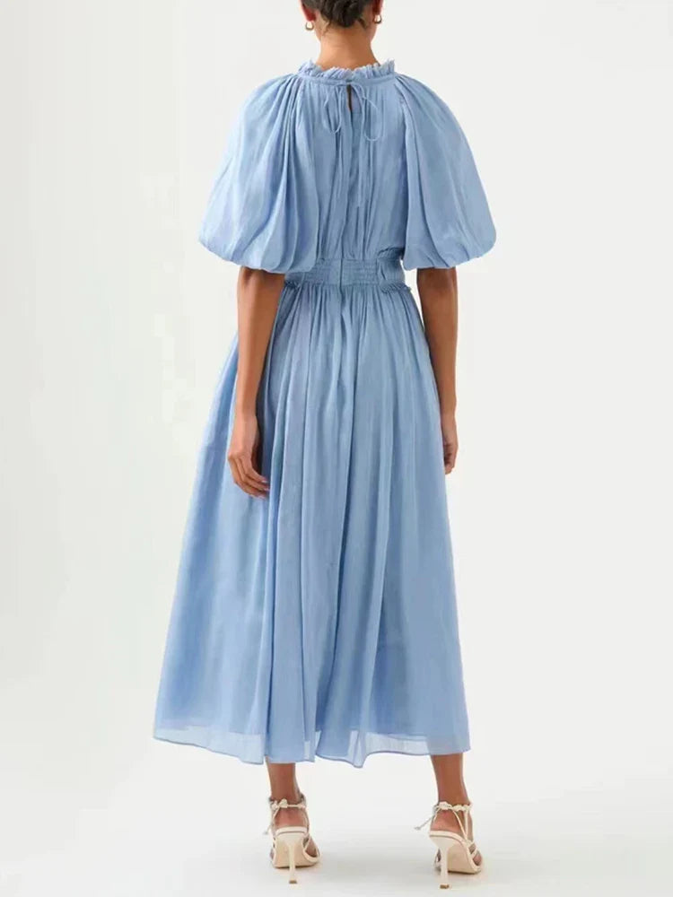 VGH Tie Dye Slim Dress Female Stand Collar Puff Half Sleeve High Waist Spliced Ruffles A Line Long Dresses Female Summer Clothes