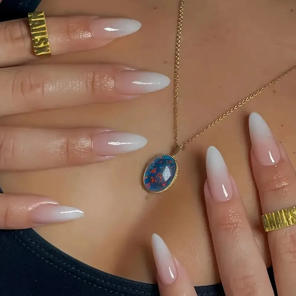 24pcs Nude Pink Glossy Fake Nails with Diamond Nail Tips Art Gradient Glitter Short Almond Oval Fashion Simple Acrylic Nails Set 6