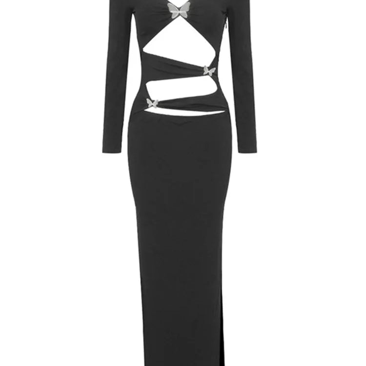 Luxury Women Celebrity Sexy Cut Out Butterfly Long Sleeve Black Maxi Long Bodycon Dress 2024 Elegant Evening Club Party Dress