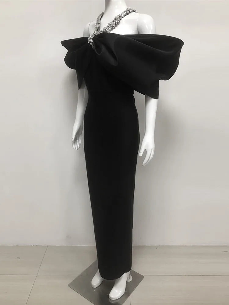 Women Sexy Off Shoulder Ruched Black Maxi Long Diamonds Celebrity Bodycon Bandage Dress 2025 Elegant Evening Club Party Dress