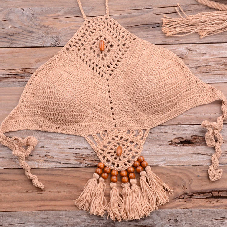 Bikini 2022 knitting Swimsuit Crochet Bikini Bohemia Style Off Shoulder High Neck Bathing Beach Bikinis Handmade Crochet Bikini Khaki Top