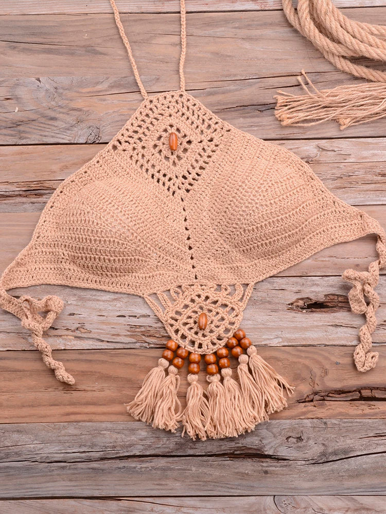 Bikini 2022 knitting Swimsuit Crochet Bikini Bohemia Style Off Shoulder High Neck Bathing Beach Bikinis Handmade Crochet Bikini Khaki Top