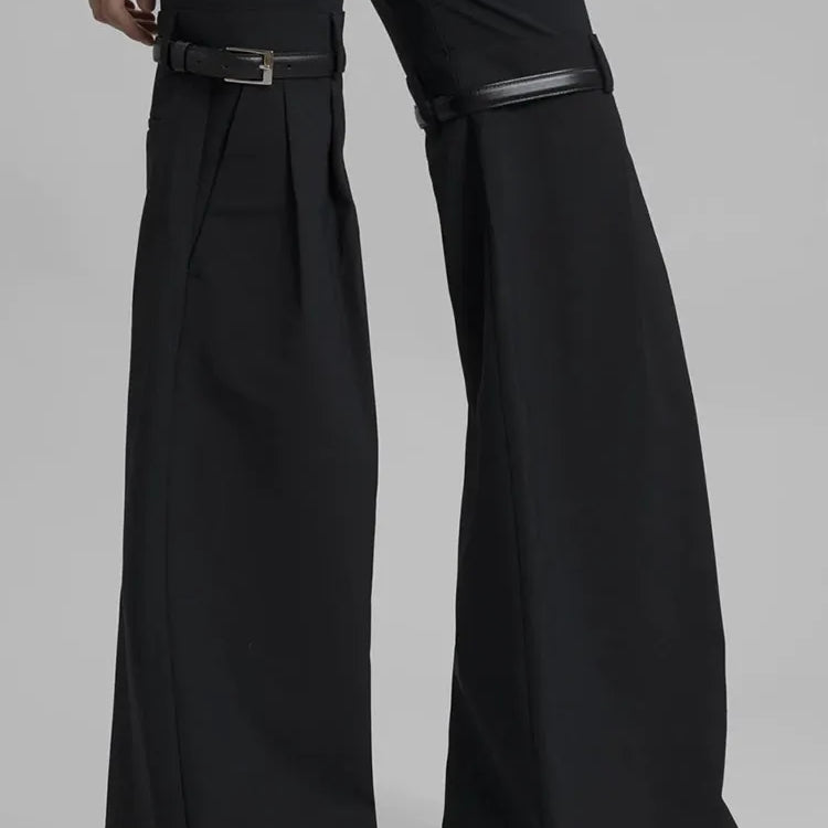 Patchwork Belt Wide Leg Pants For Women High Waist Slimming Solid Long Full Length Trousers Female Fashion Clothing