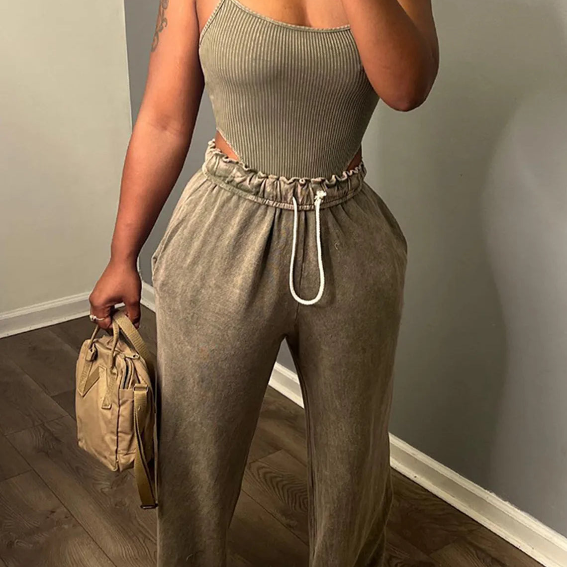 Summer Women’s Sets SleevelessTop and Elastic Wide Leg Pants Sets Sexy 2 Two Piece Sets Casual Night Club Outfits Khaki