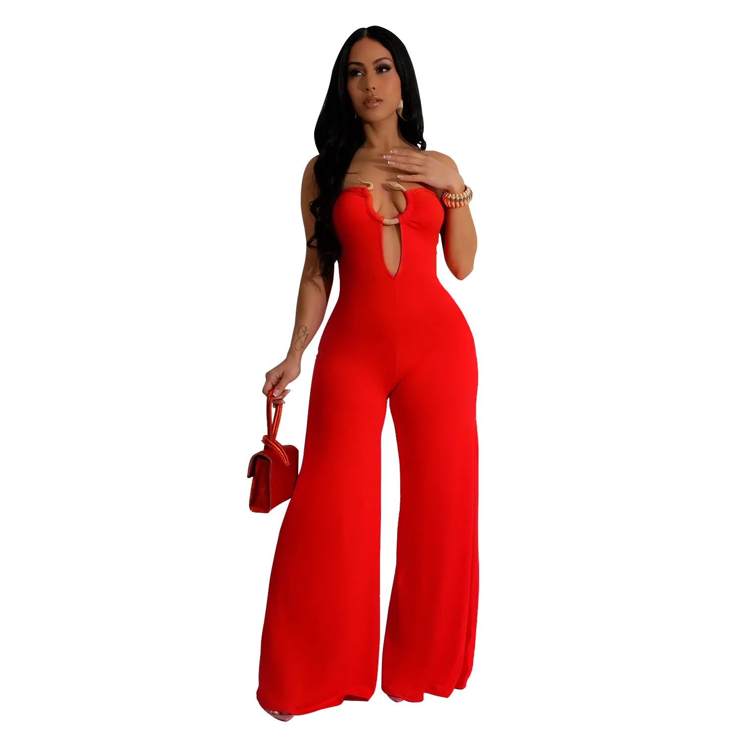 Women Wide Leg Deep V-Neck Sleeveless Jumpsuits 2024 Summer Hollow Out Night Street Club Playsuit One Piece Suit Romper red