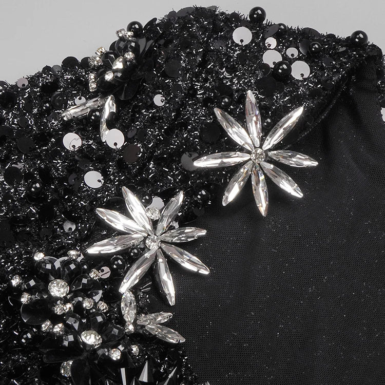 Black Sequins Sweet Heart Neckline Long Dress Hollow Out Low Cut Long Sleeves Diamond Flowers Details Bodycon Evening Gown