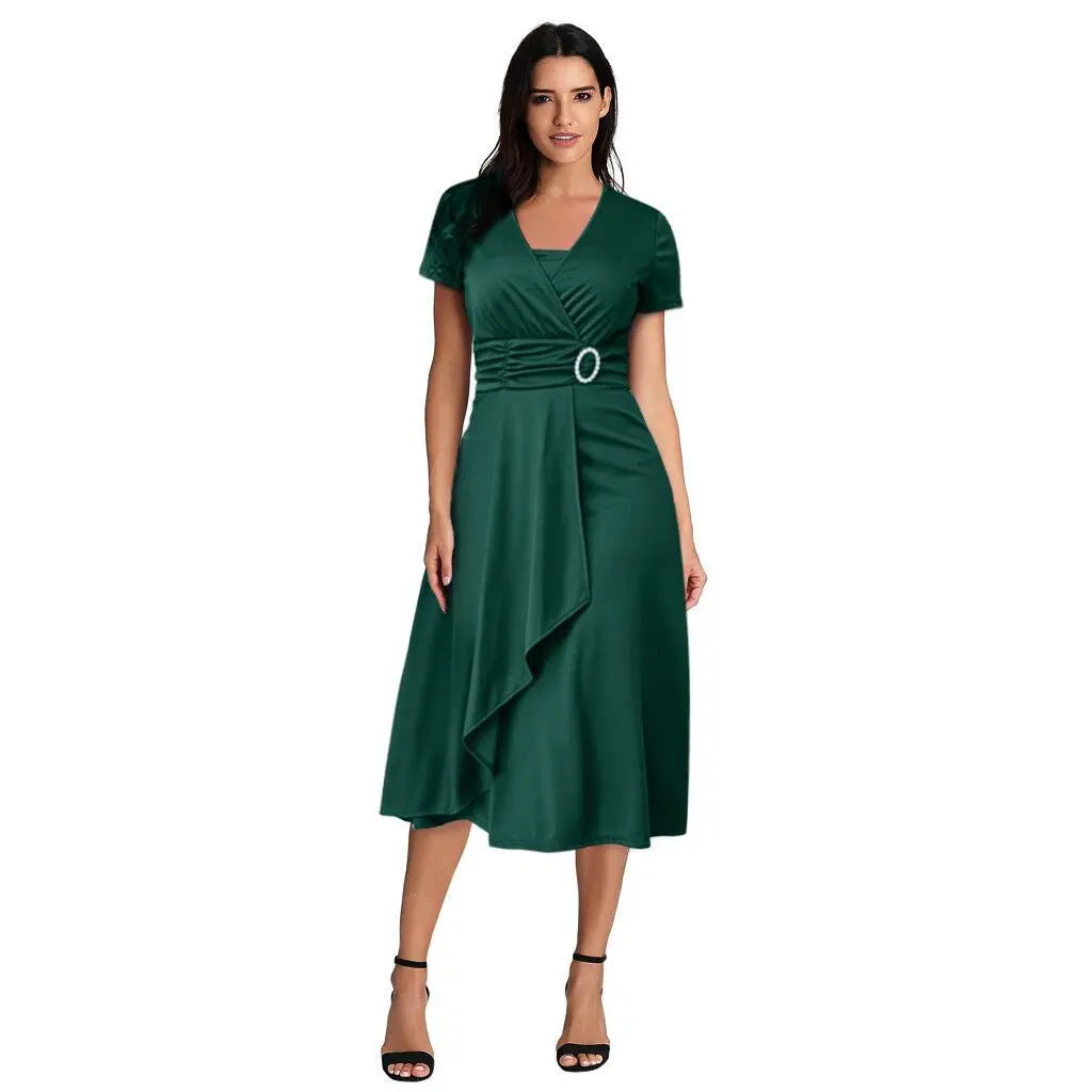 Elegant Women Solid Color Short Sleeve V Neck Asymmetric Hem Waist Tight Midi Party Dress Ladies Evening Vestidos DF4916 green