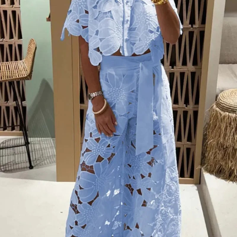 Sexy Lapel Single-breasted Shirt Top + Wide-leg Pants 2-piece Set Women Fashion Solid Color Elegant Casual Hollow Suit Female Blue