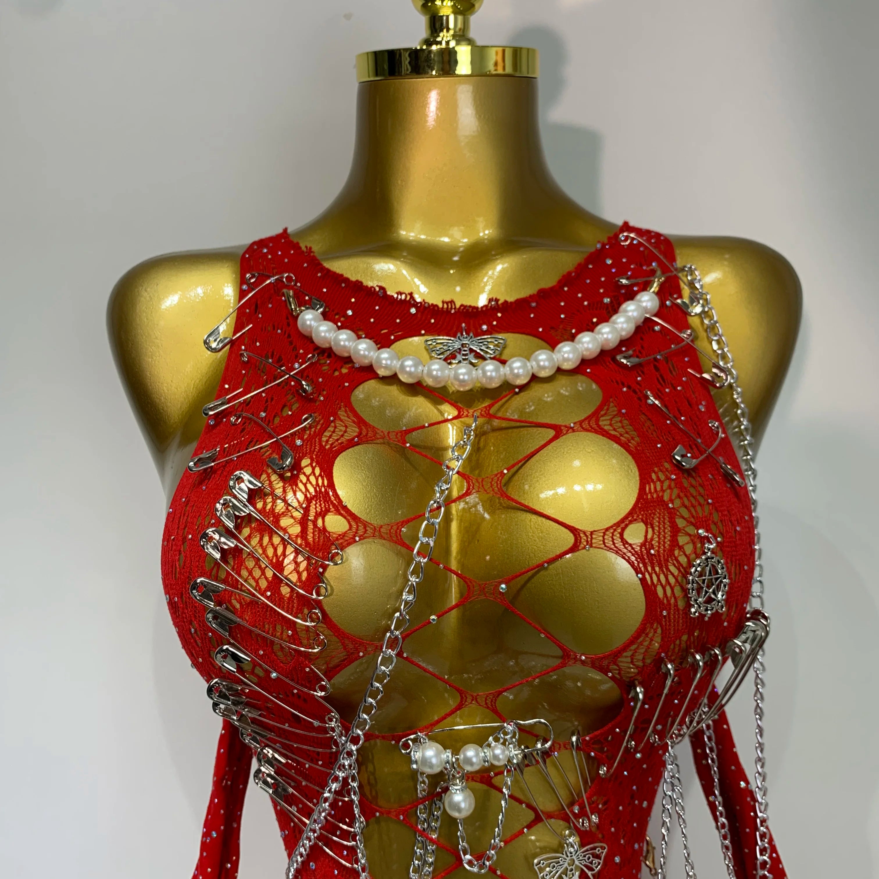 Women Sexy Hollow Out Pearl Chain Bodycon Dress Sleeveless High Stretchy Mini Dress Evening Party Nightclub Singer Stage Outfit