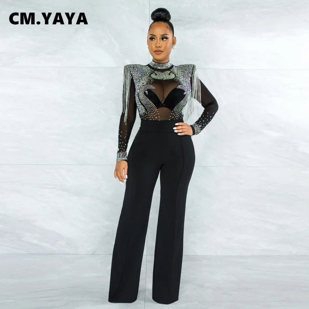 CM.YAYA Women Jumpsuit Solid High Collar Hot Drill Mesh Shoulder Cotton Long Sleeves Long Straight Jumpsuit Sexy Party Outfits