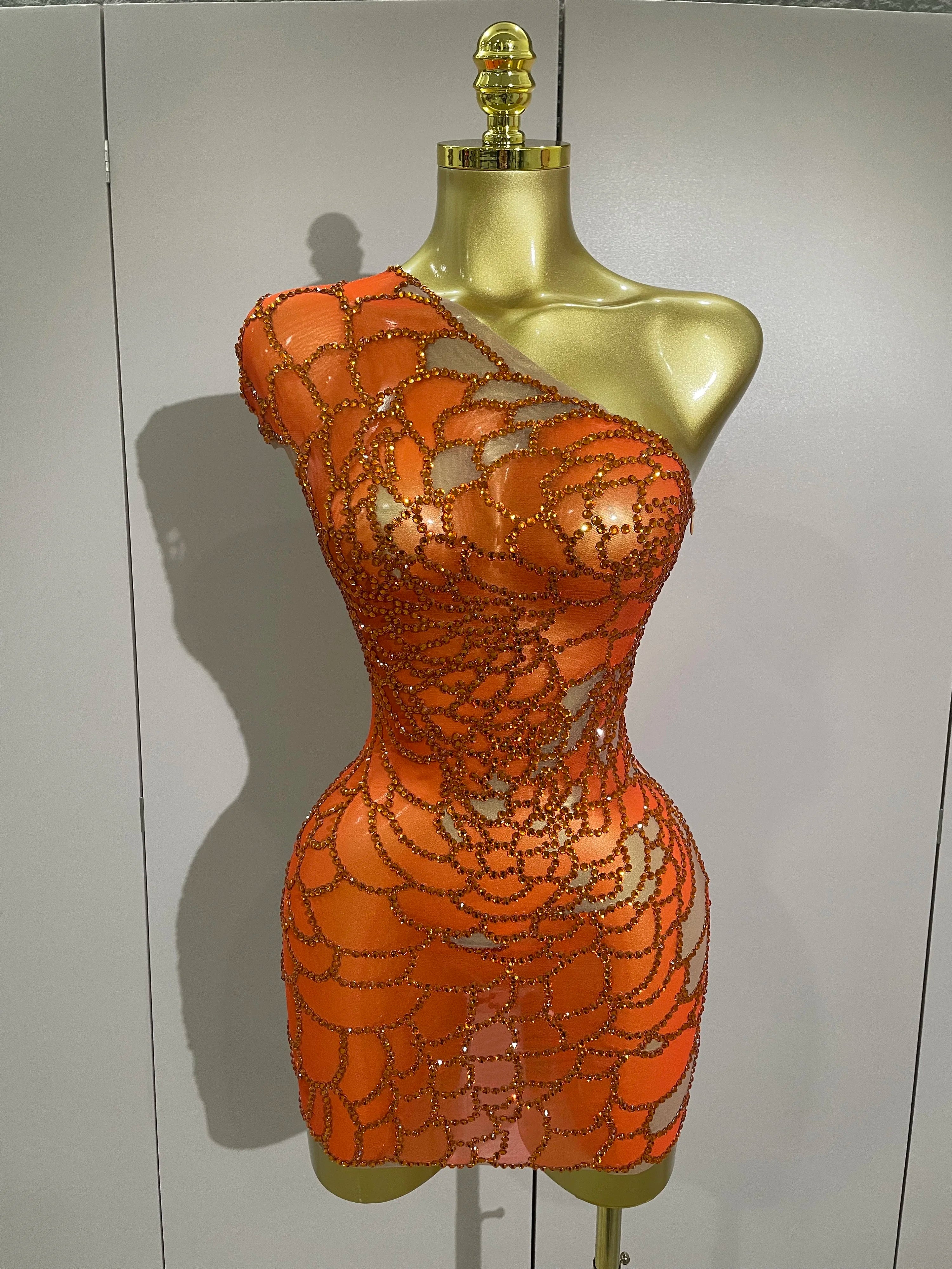 STOCK Women Shining Rhinestones Sexy One Shoulder Cultivation Dress Birthday Celebrate Party Evening Gown Singer Stage Costume Orange