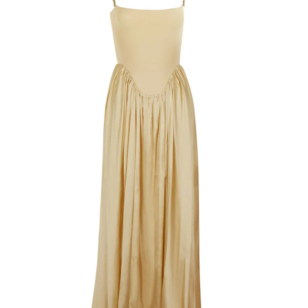 2025 Spring Women's Strap Chain Sleeveless Long Dress Fashionable Slimming Hundred Fold Elegant Dresses Evening Party Vestidos Yellow