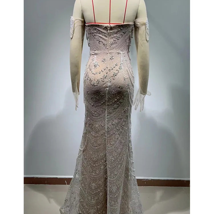 Women Luxury Sexy Strapless Backless Pearl Sequins Maxi Long Gowns Dress 2024 Elegant Evening Party Club Dress Vestido