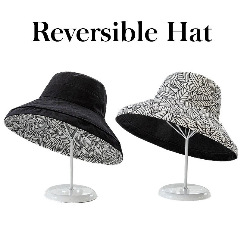 2024 Spring Summer Print Reversible Sun Beach Hat Woman Girl Outdoor Travel Vacation Fisherman Cap Wide Brim 12.5cm Visor Hat B Black Head Girth 56-58cm