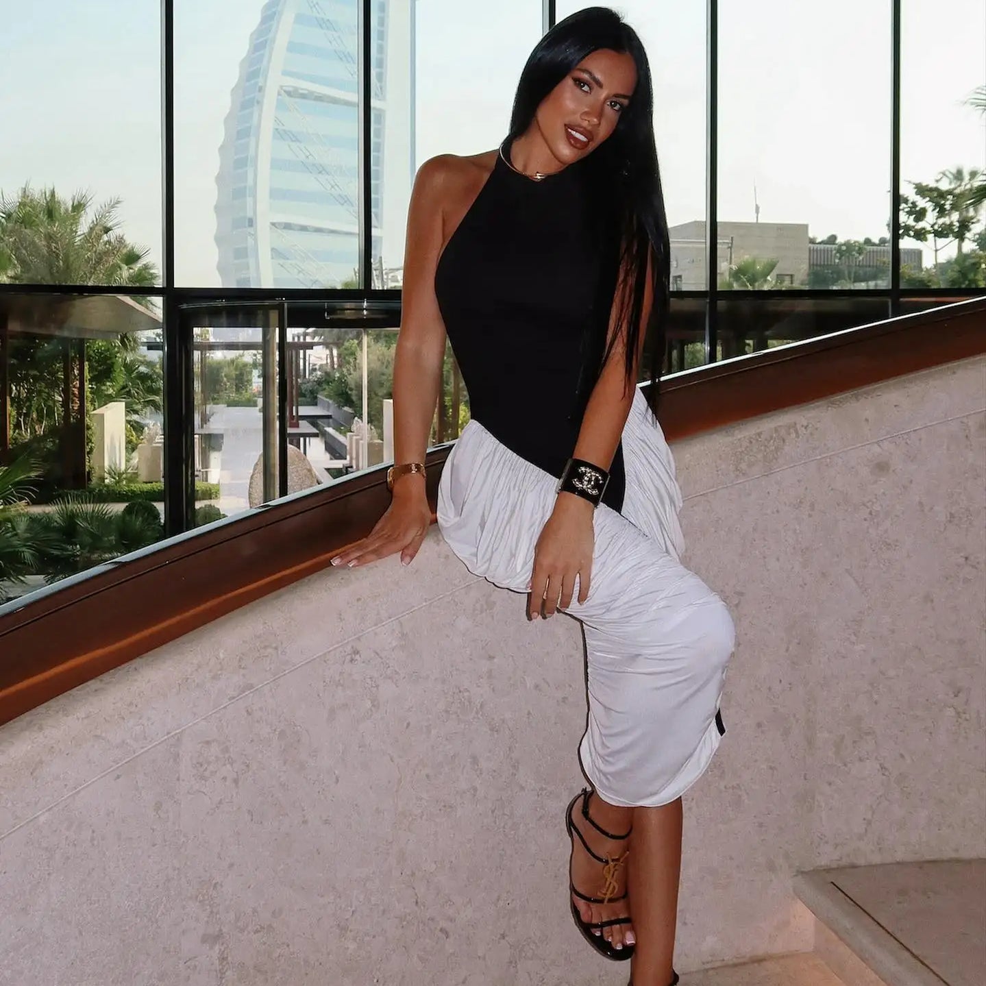 Urban Color Block Halter Sleeveless Midi Dress with Ruffle Detail for Party Formal Events