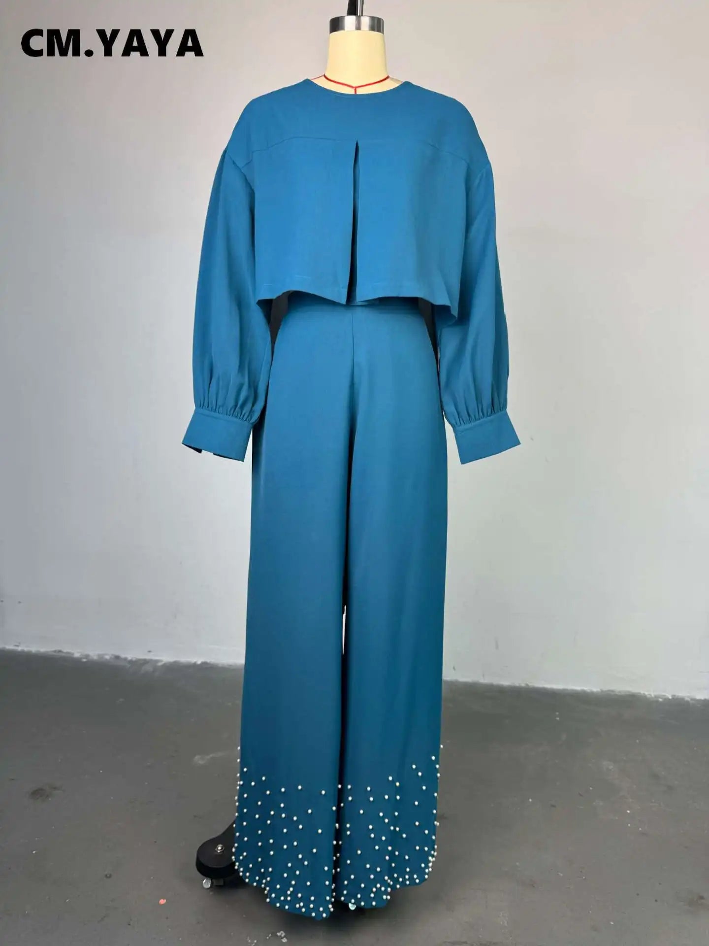 CM.YAYA Women's Set Long Sleeve High Low Maxi Blouse and Pearl Beading Wide Leg Pants 2025 Two 2 Piece Sets Outfits Tracksuit