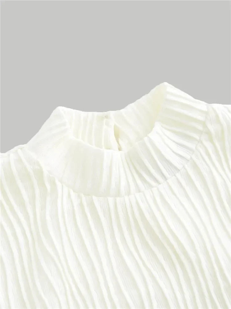 Women Textured Mock Neck Flare Long Sleeve Crop Top Fall Winter Elegant Preppy Style Y2K Rib Knit Slim T Shirt Blouse 2023