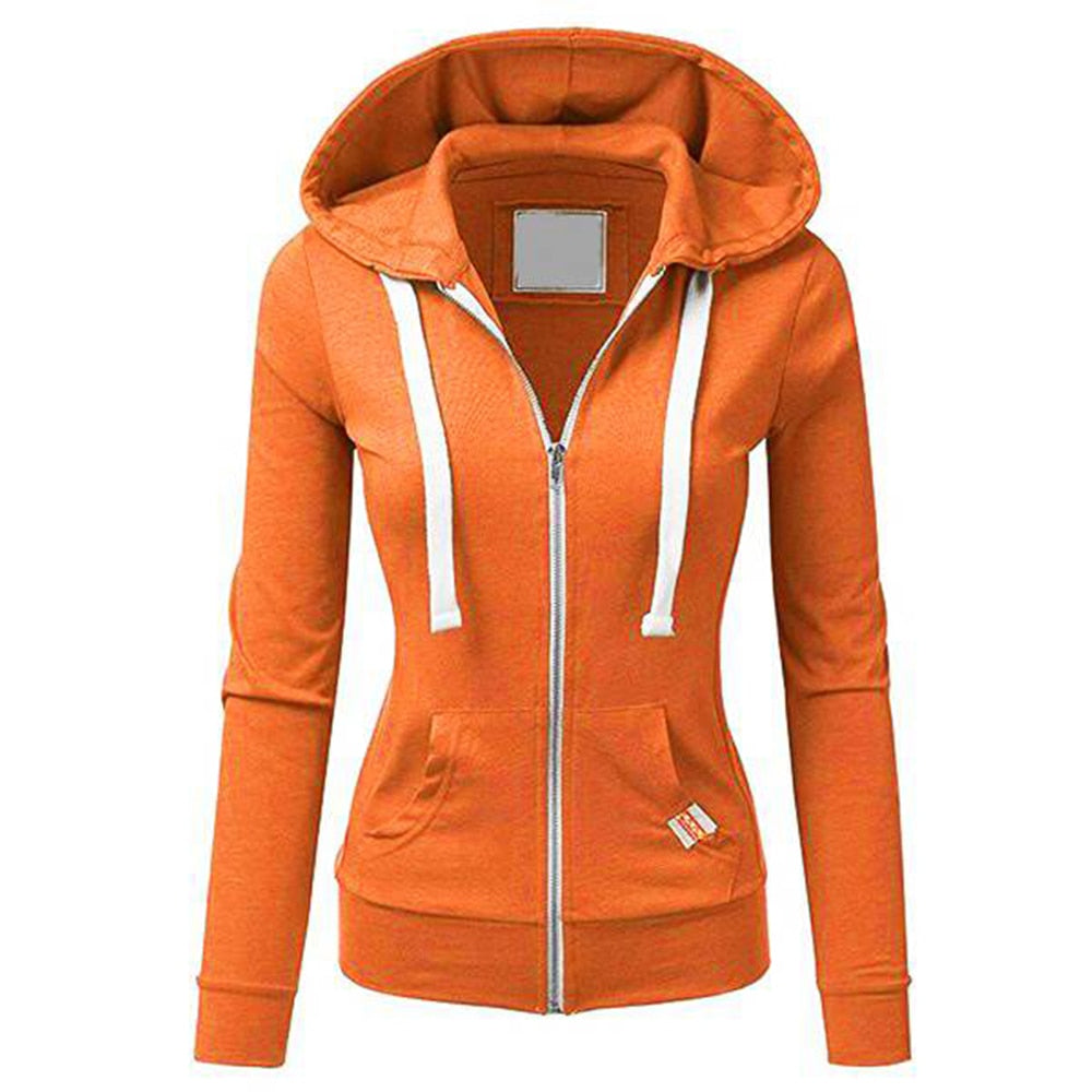 Spring/Autumn New Casual Fleece Zipped Hoodie Women Fashion Drawstring Sporty Hooded Coats Ladies Simple Sweatshirt Orange