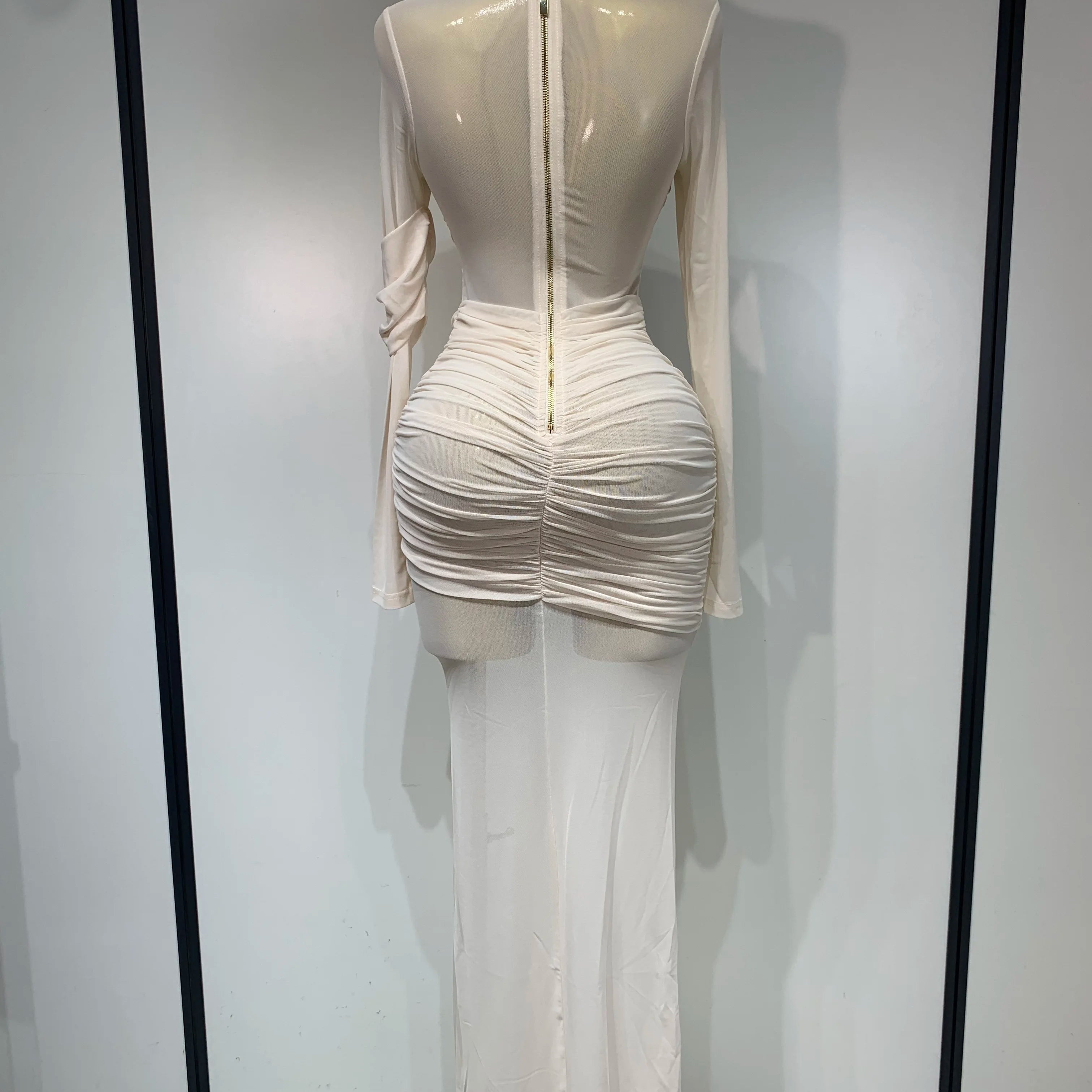 Elegant Mesh Fold Long Sleeve Bodycon Dress Women 2025 Evening Party Club Sexy Perspective Fashion Luxury Birthday Dresses