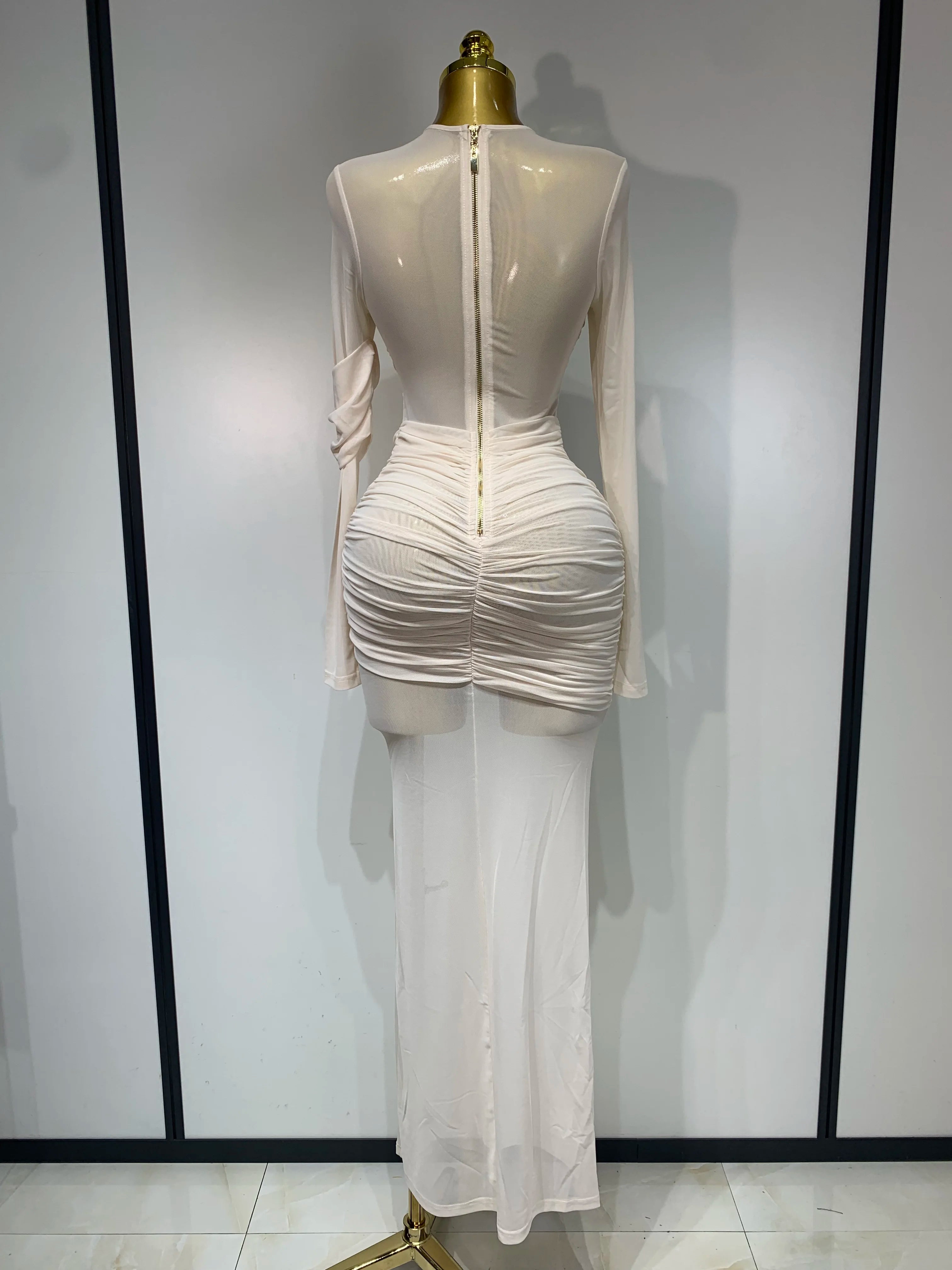 Elegant Mesh Fold Long Sleeve Bodycon Dress Women 2025 Evening Party Club Sexy Perspective Fashion Luxury Birthday Dresses