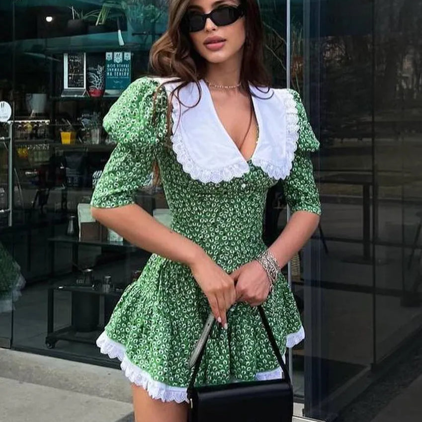 Clacive Summer Slim Print Women'S Dress Bodycon Doll Collar Short Sleeve Mini Dresses Elegant Lace Patchwork Female Dress green CN