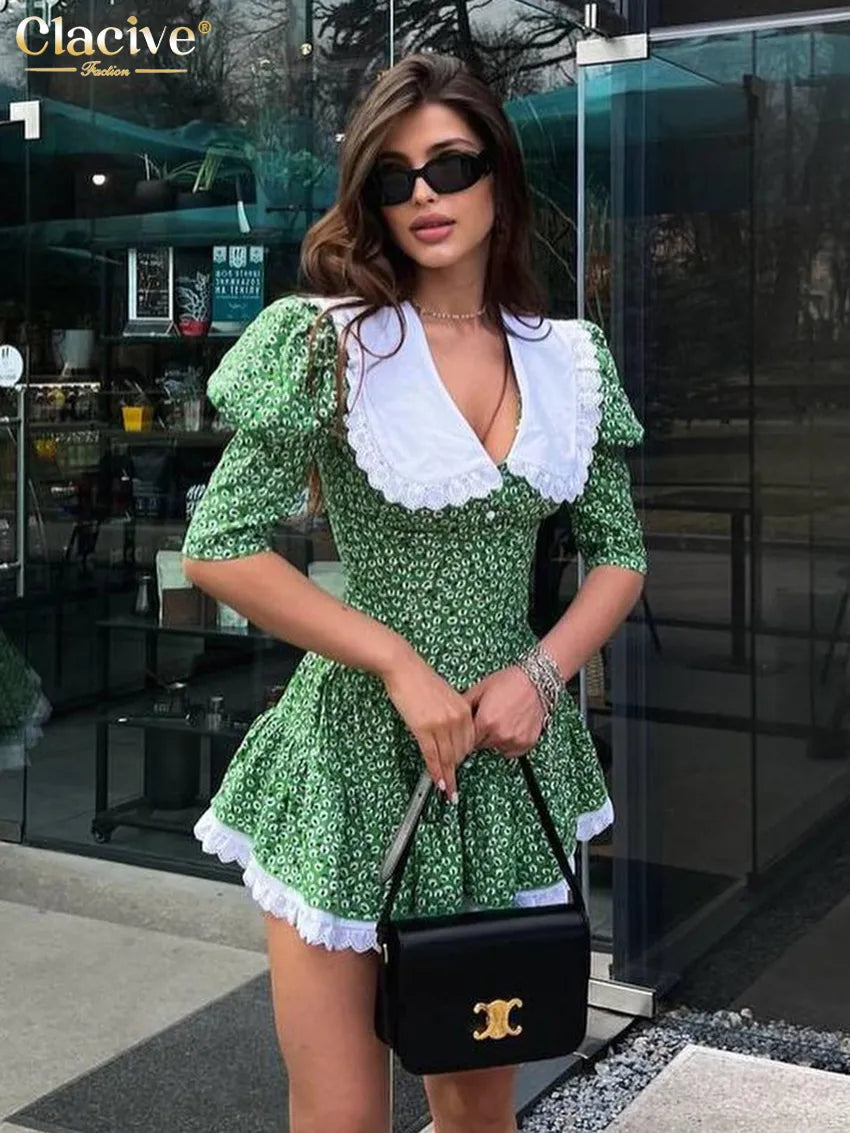 Clacive Summer Slim Print Women'S Dress Bodycon Doll Collar Short Sleeve Mini Dresses Elegant Lace Patchwork Female Dress green