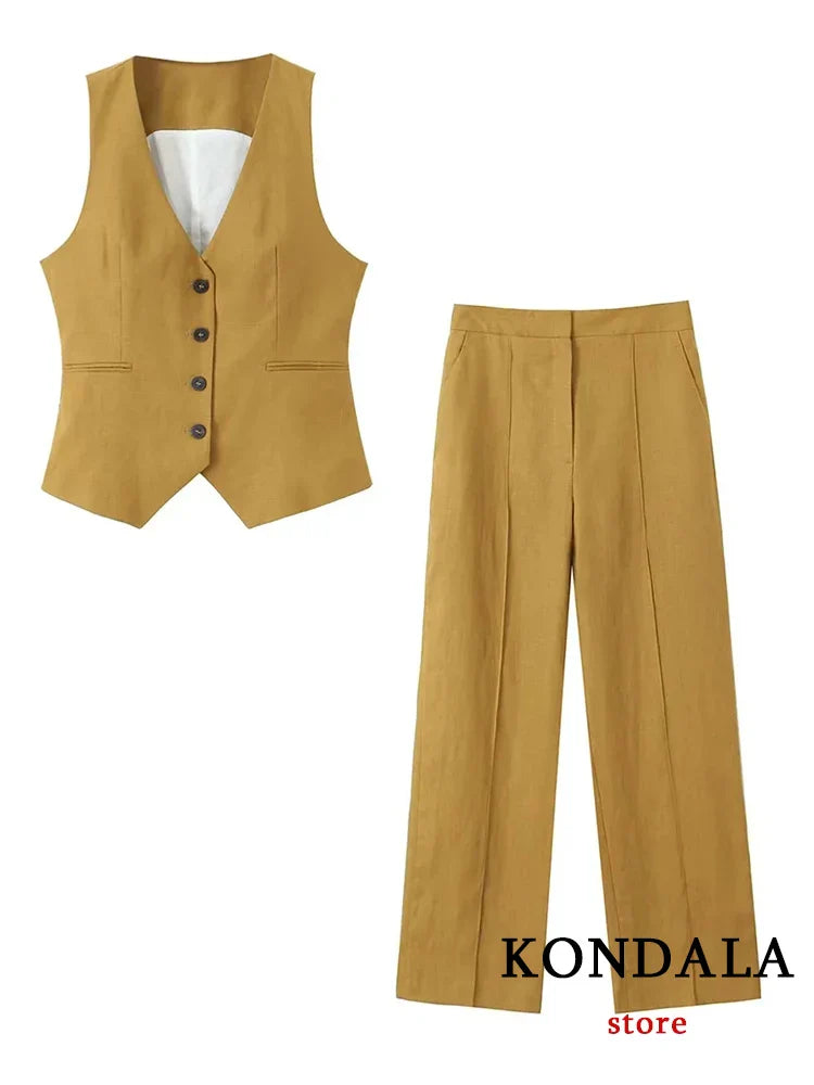 KONDALA Office Lady Linen Brown Suits Women V Neck Single Buttons Vest Blazer+High Waist Wide Leg Pants Fashion Summer Sets Suit